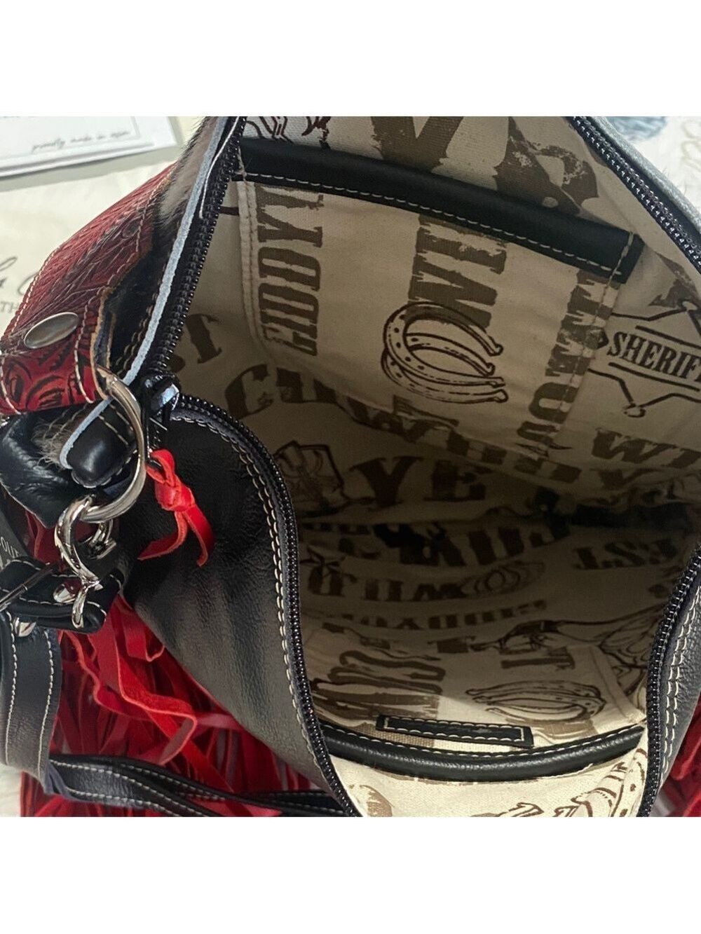 Holy Cow Couture Red and Black Fringe Shoulder/backpack Bag - Picture 10 of 11